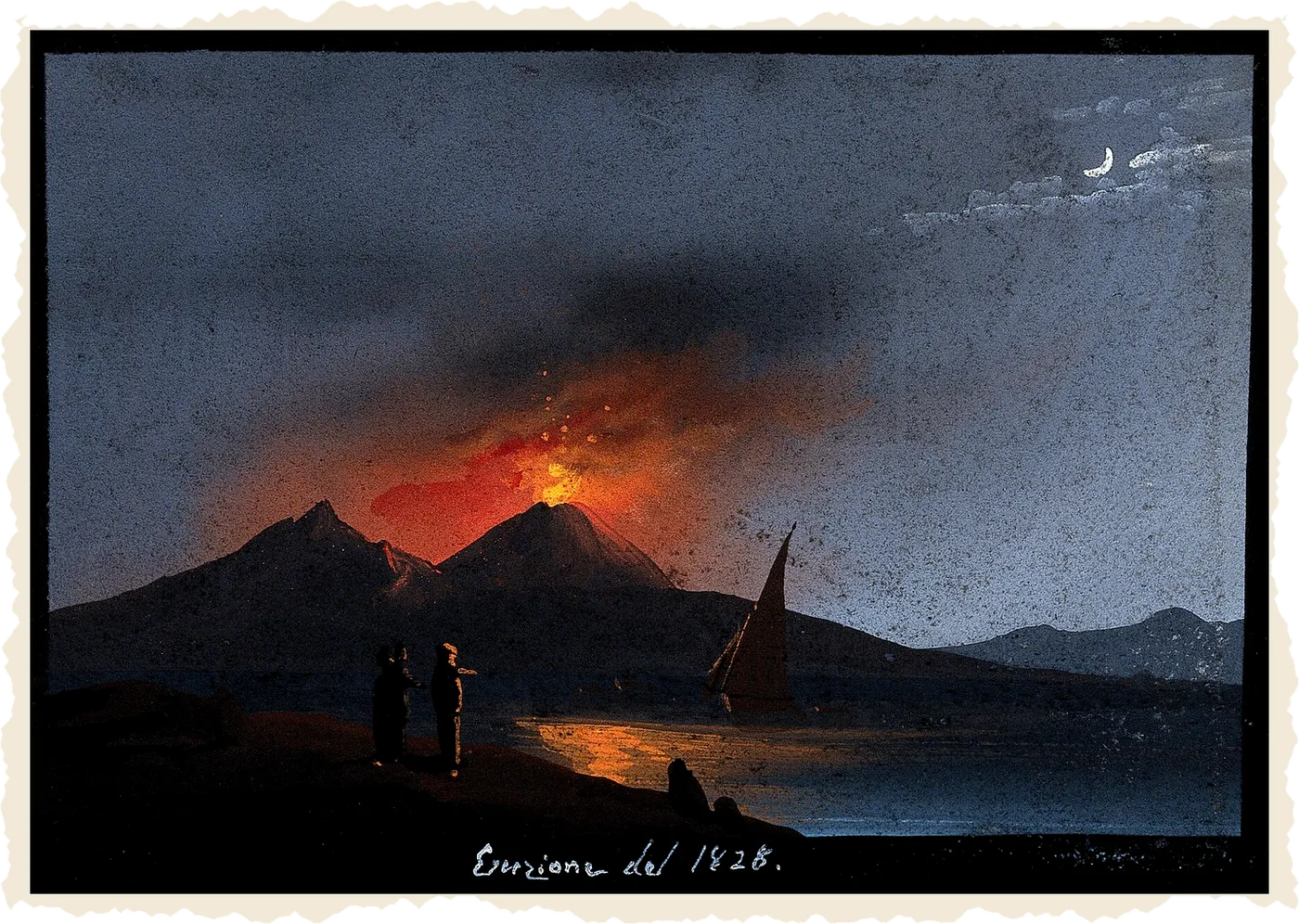 Il Vesuvio in eruzione di notte sul golfo di Napoli, gouache con la didascalia «Eruzione del 1828»
